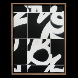 Black and white framed canvas artwork featuring gestural abstract white typography on a black background