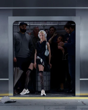 Fashion model in black dress and patterned tights stands out in a crowded subway elevator, accessorized with a purse and headphones.
