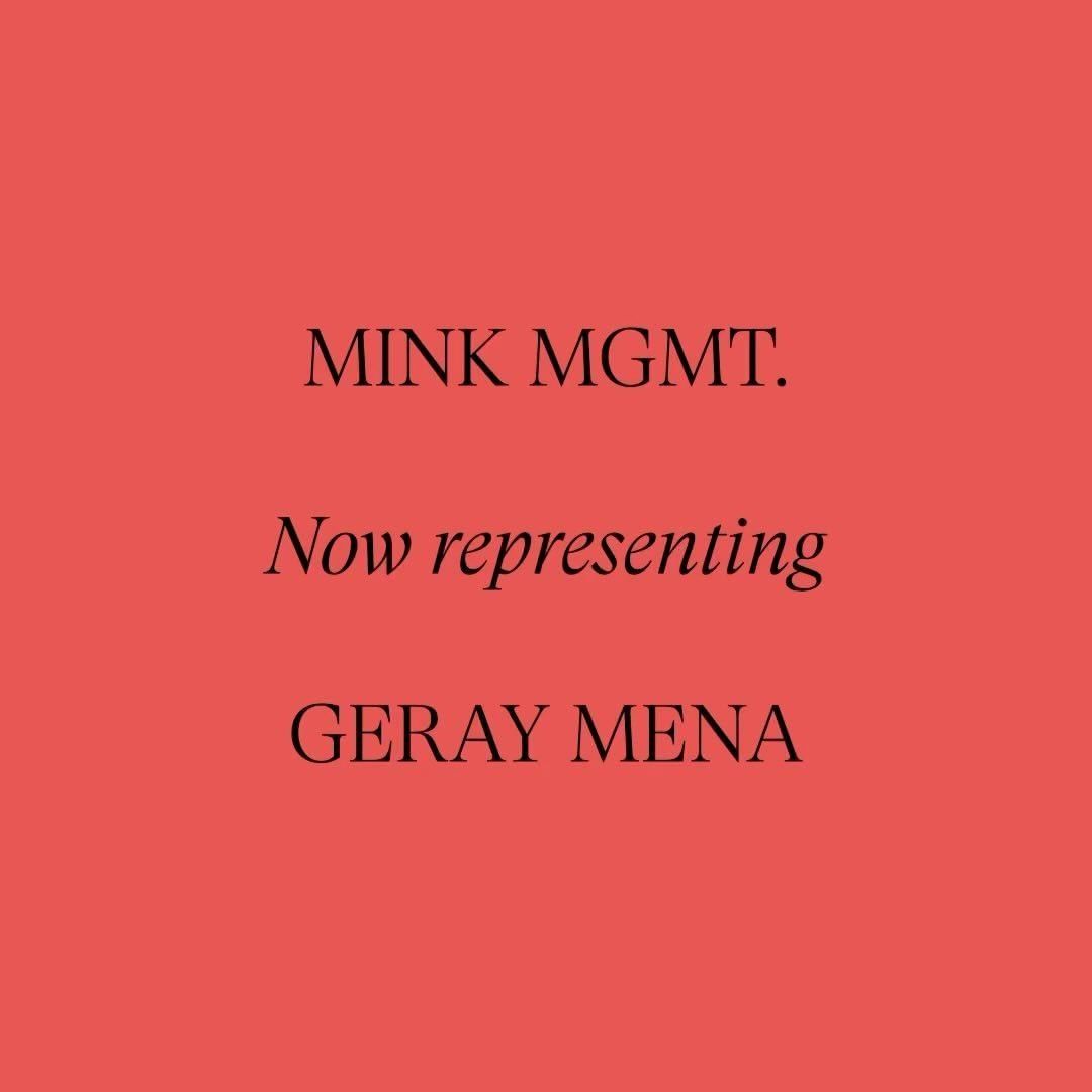 Graphic art on a red background features brand names and text announcing Mink MGMT. is now representing Geray Mena in neutral tones.