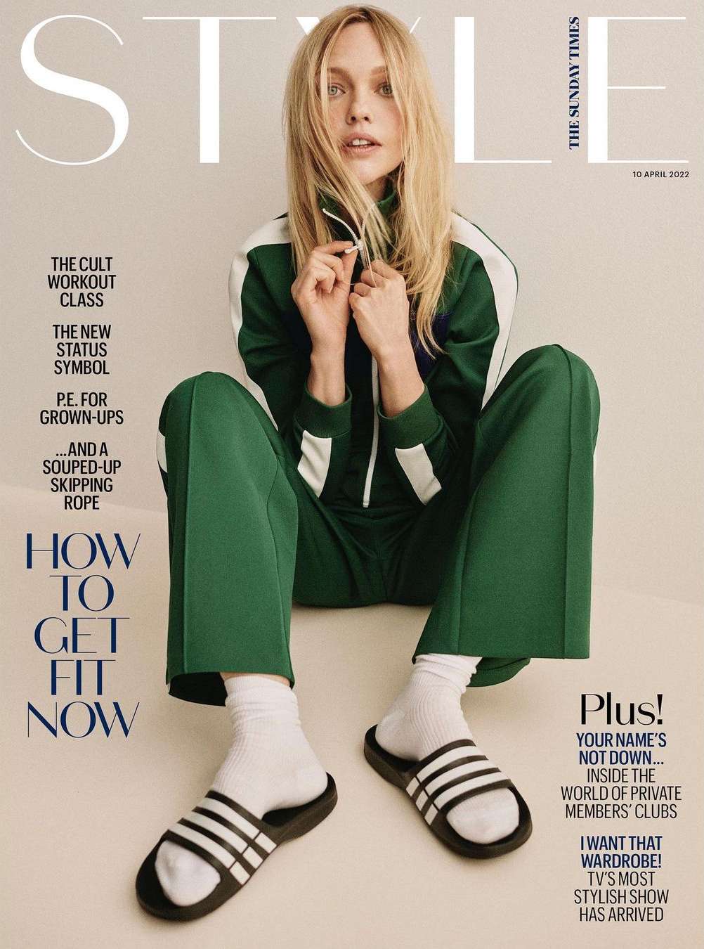 Magazine cover featuring a blonde model in a green tracksuit and socks with sandals, with "STYLE" and other text visible.