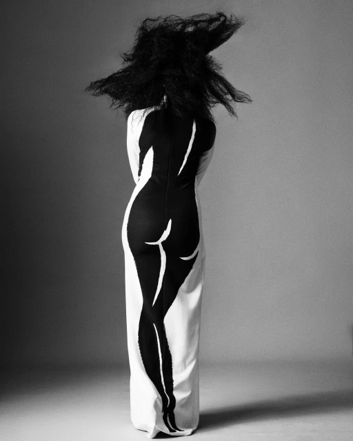 Rear view of a woman wearing a long white dress with a black silhouette print, accessorized with a voluminous black headpiece.