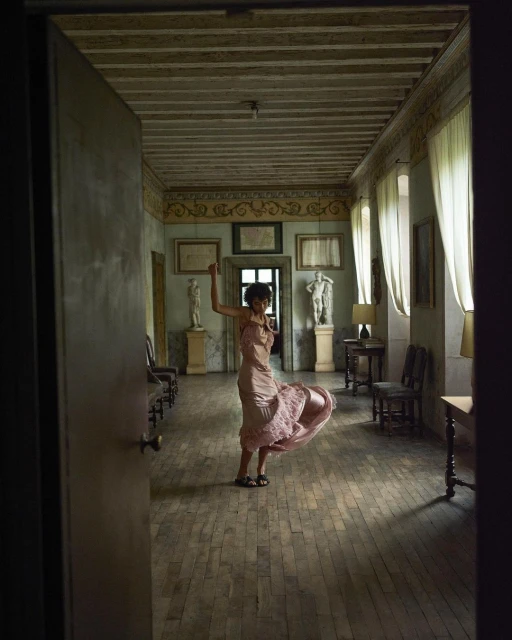 Woman in a pink dress twirls in a hallway lined with marble statues and antique furniture, light streaming through sheer curtains.