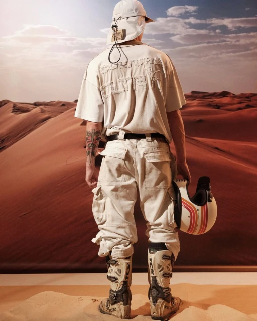 Adult male in desert terrain wearing cap, graphic T-shirt, cargo pants, and boots holding a helmet. Sand dunes stretch into the distance.