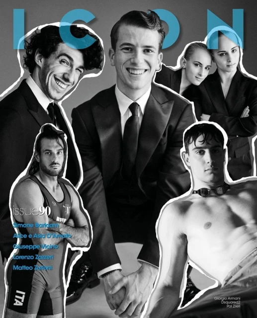 Magazine cover featuring multiple men, some in formal suits, others in athletic wear; superimposed monochrome portrait style on gray.
