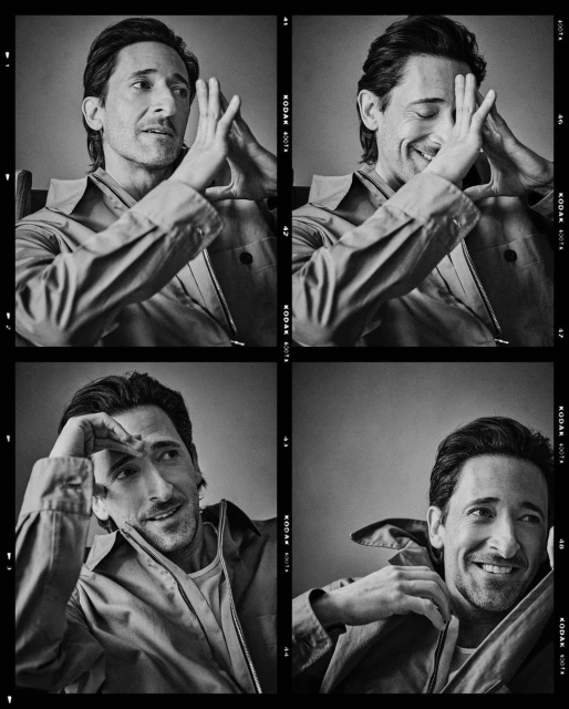 Black and white portrait of a man in four frames, wearing a jacket, smiling and posing in different positions.