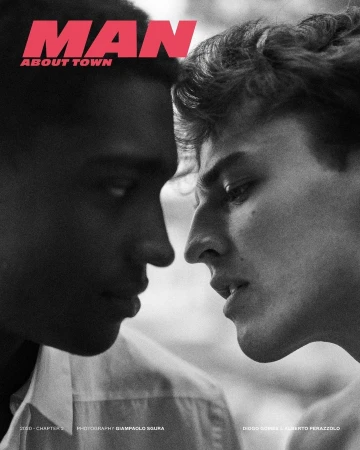 Close-up black and white portrait of two young men facing each other closely, photographed by Giampaolo Sgura.