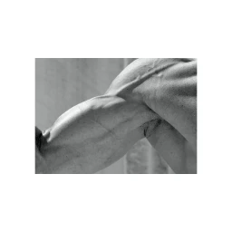 Monochrome close-up detail of a muscular human arm and shoulder showing defined vascularity and muscle tone.