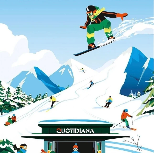 Illustration of a snowboarder performing a jump on a snowy mountain slope with skiers and a building in the background.