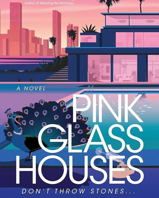 Peacock on patio near modern house and pool under pink sky, stylized book cover illustration with architecture and exotic birdlife.