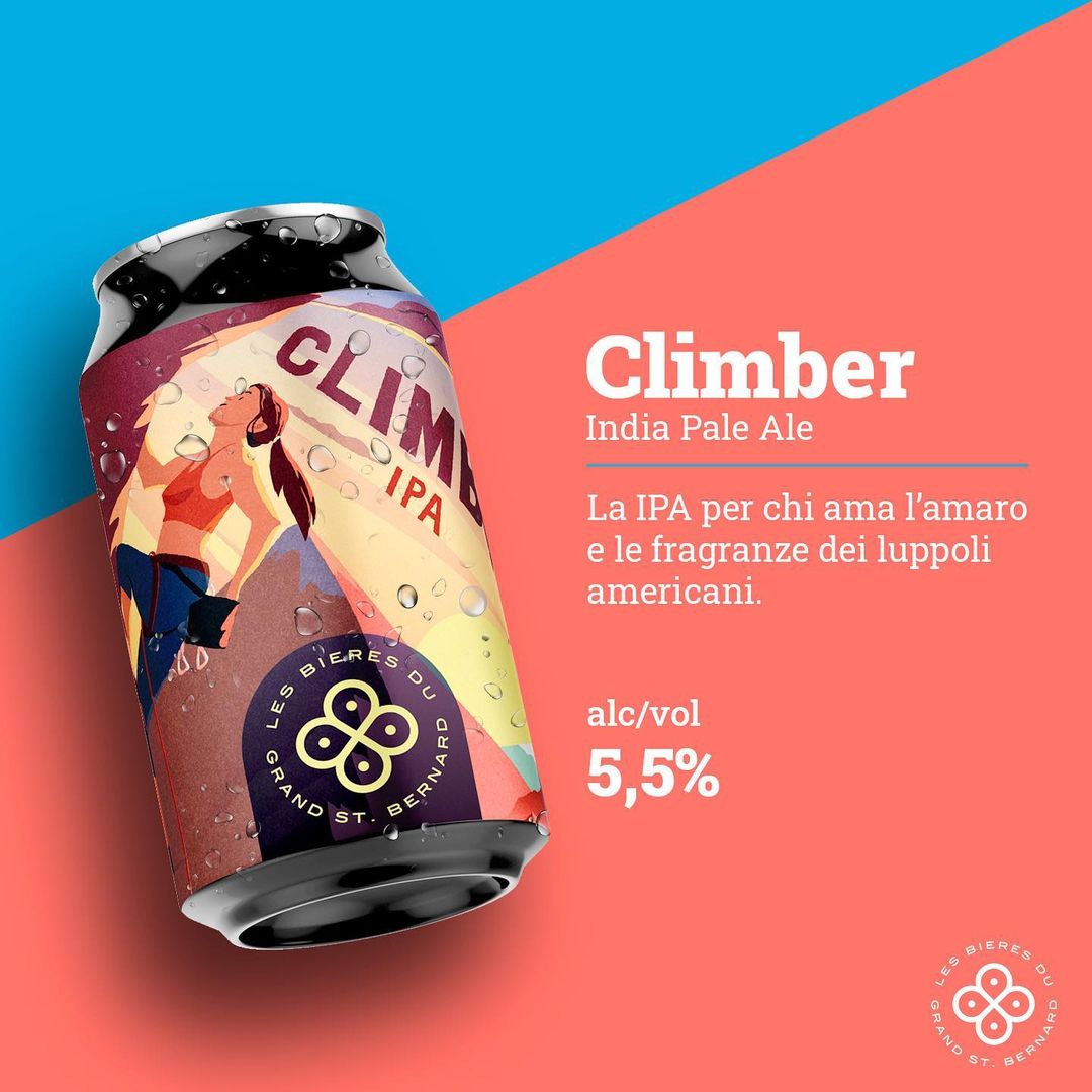 Eye-level studio shot of a vibrant IPA beer can featuring a climber illustration against a split blue and coral backdrop.