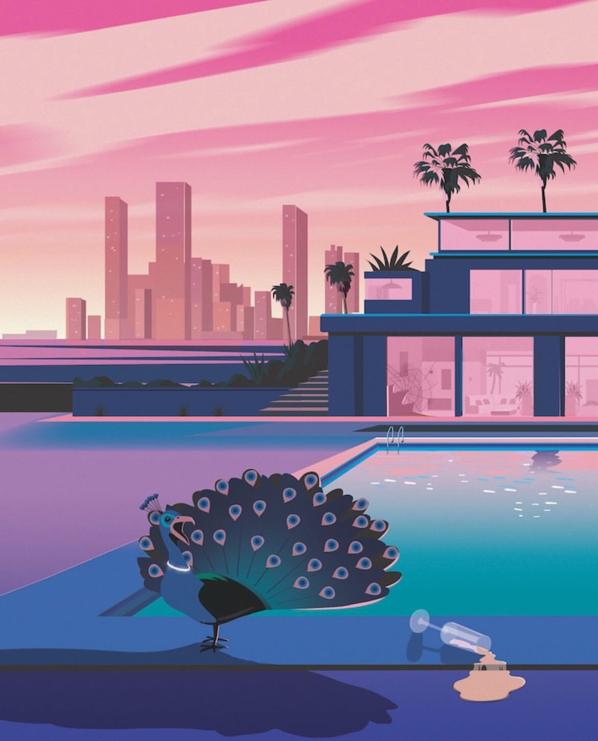 Illustration of a peacock on a pool deck by a building with a glass of spilled liquid, with city skyline in the background.