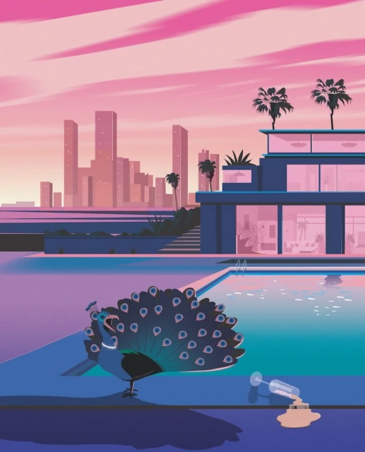 Illustration of a peacock on a pool deck by a building with a glass of spilled liquid, with city skyline in the background.