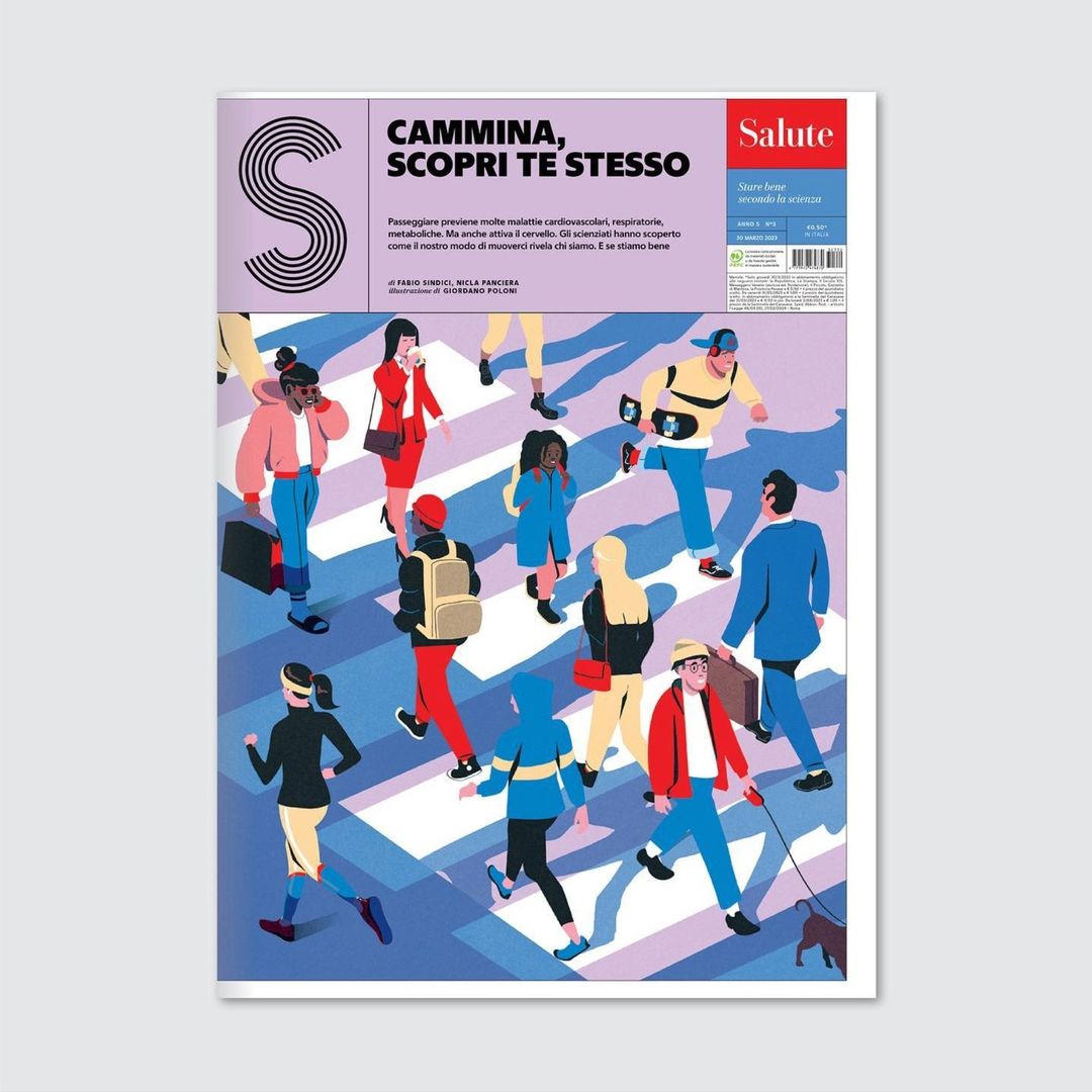 Illustration of diverse pedestrians crossing a crosswalk on a magazine cover with healthcare and wellness theme, vibrant colors, and dynamic scene.