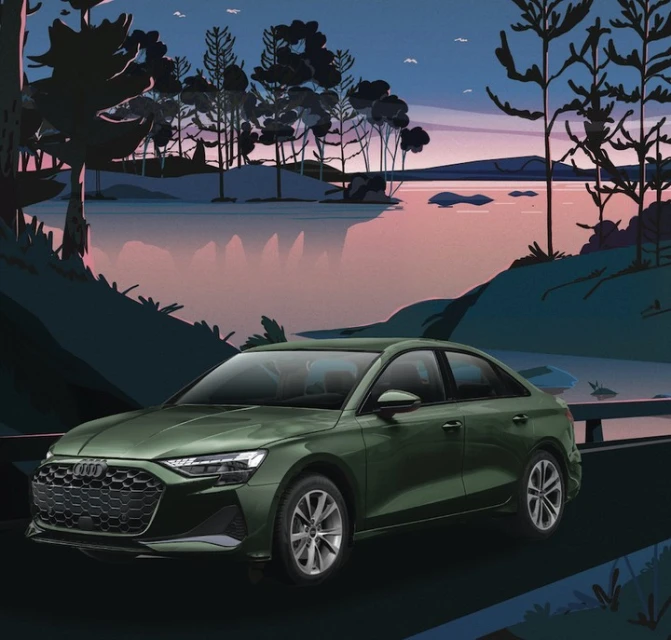 Illustration of a green Audi A3 parked near a lake with trees in the background during dusk. Automotive illustration.