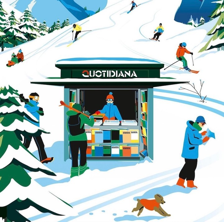 Illustration of people skiing on a mountain with a Quotidiana newsstand in the foreground and a dog running in the snow.
