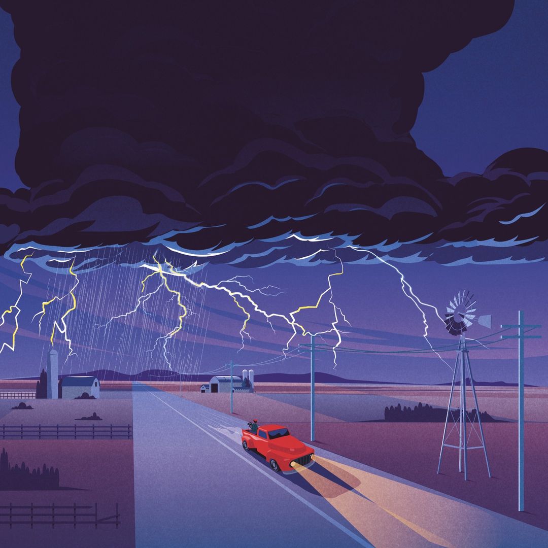 Illustration of a red car driving on a road through a rural landscape during a thunderstorm with lightning and a windmill.