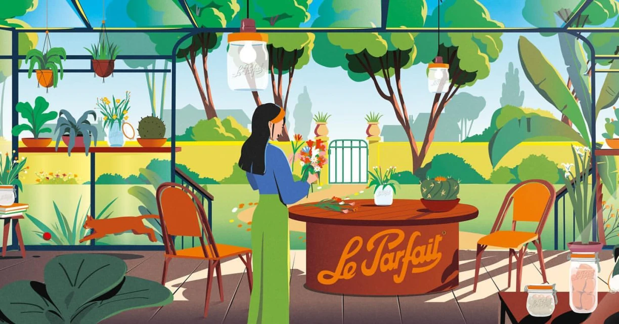Illustration of a woman in a greenhouse arranging flowers, with jars, potted plants, table, chairs, and a running orange cat.