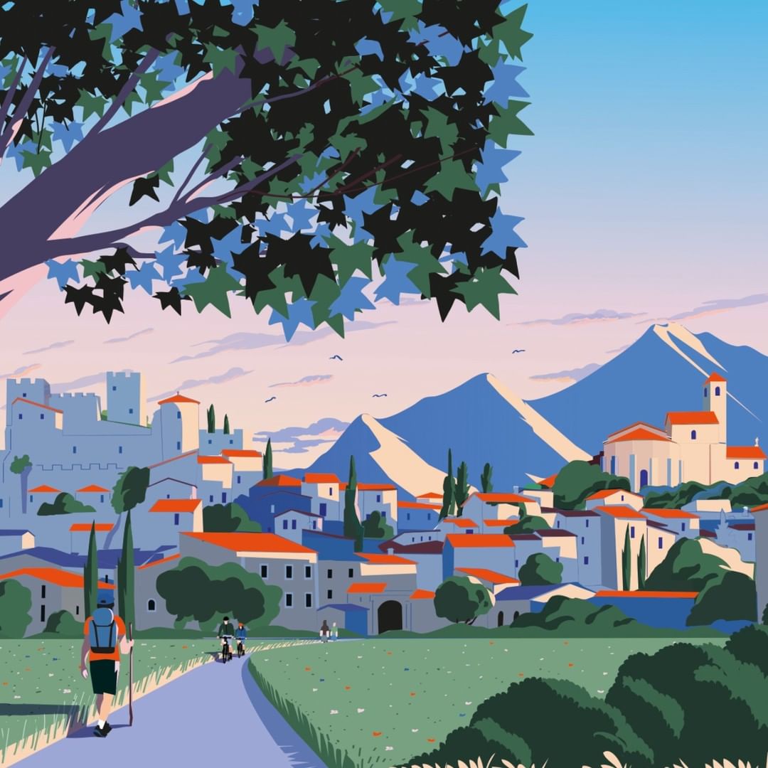 Illustration of a person hiking toward a European town with mountains in the background, trees, and a clear sky.