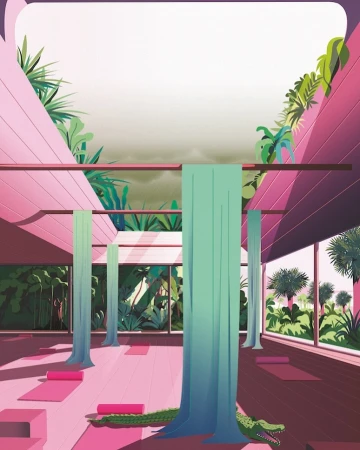 Illustration of a yoga studio interior with pink floors, draped pillars, yoga mats, tropical plants, and a green alligator.
