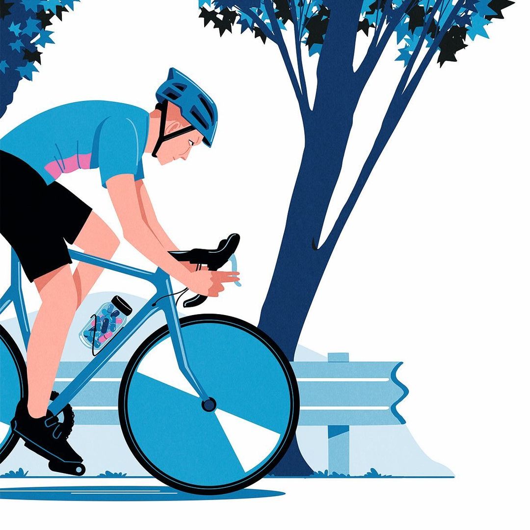 Illustration of a cyclist wearing a helmet and blue shirt riding a blue road bicycle on a path with a tree in the background.