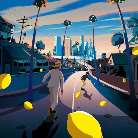 Illustration of two adults skateboarding on a road lined with palm trees and lemons, with a city skyline in the background.