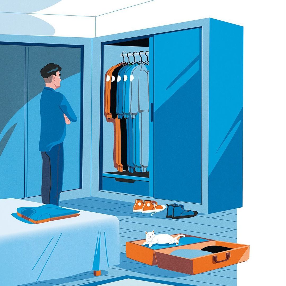 Illustration of a man looking into a closet in a blue-themed room with a bed, suitcase, clothes and shoes.