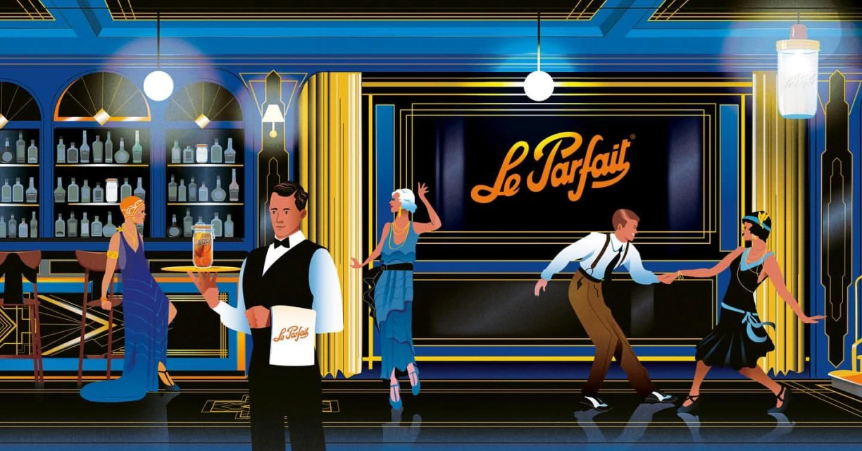 Illustration of a 1920s-style bar scene with a waiter serving drinks, flapper girls dancing, and a bartender preparing cocktails.