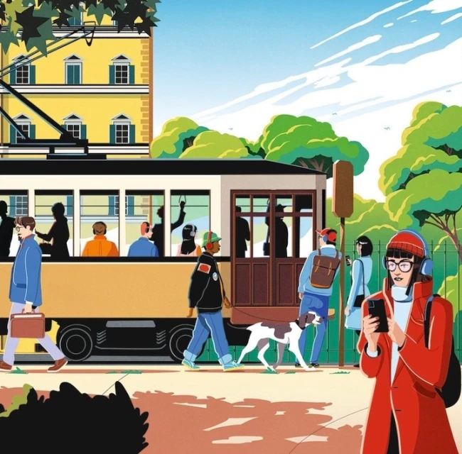 Illustration of people walking and riding a tram in a sunny city, with pedestrians on the sidewalk and a bright yellow building.