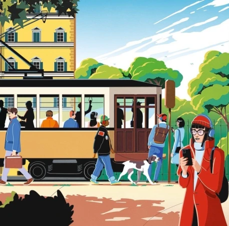 Illustration of people walking and riding a tram in a sunny city, with pedestrians on the sidewalk and a bright yellow building.