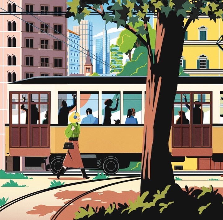 Illustration of a yellow vintage tram with passengers, a woman walking, buildings, and a tree on a sunny city street.