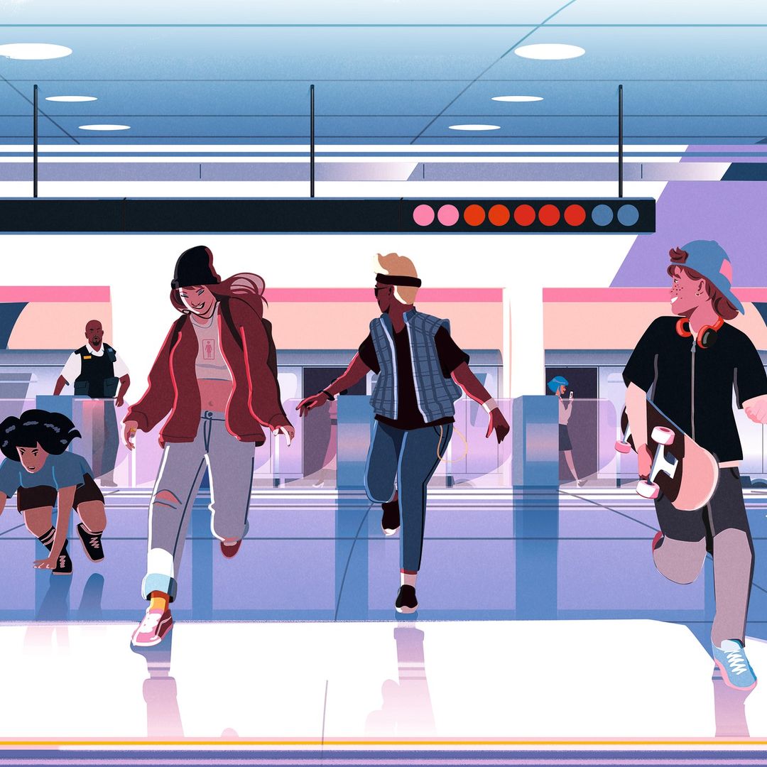 Illustration of five people running in an underground station; one holds a skateboard, rendered in cool tones with digital art style.