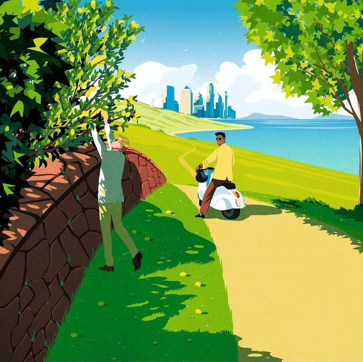 Illustration of two men, one picking fruit and the other riding a scooter by a body of water, with a city skyline in the background.