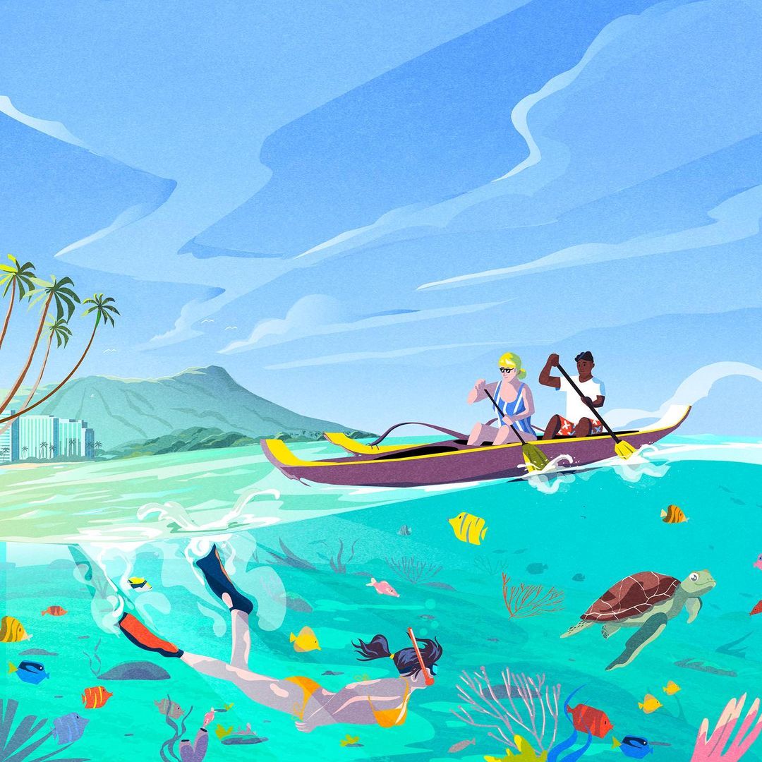 Illustration of snorkeler in turquoise water with tropical fish, coral, and a distant boat with two people paddling under a blue sky.