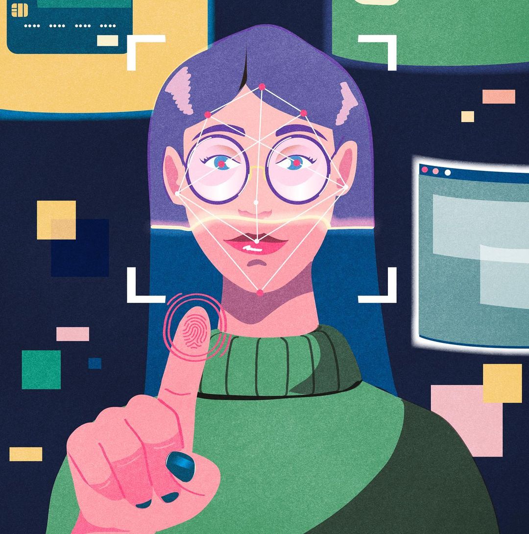 Illustration of a woman with face-recognition lines touching a fingerprint symbol, with credit card and computer windows in the background.