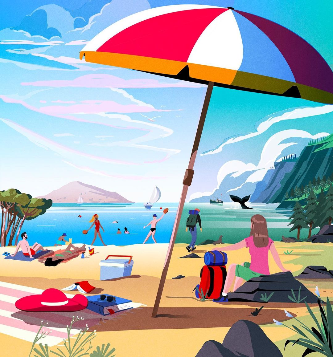 Illustration of a vibrant beach scene with people enjoying activities, a large beach umbrella, and a woman sitting on a rock.