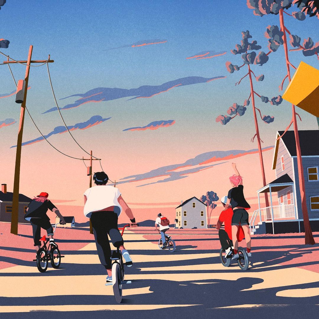 Illustration of five people riding bikes down a tree-lined residential street at sunset, featuring houses, telephone poles, and clouds.