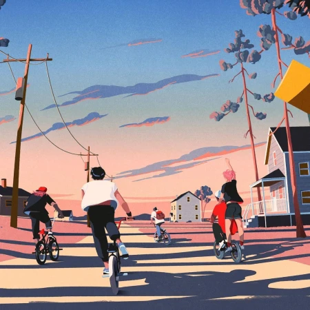 Illustration of five people riding bikes down a tree-lined residential street at sunset, featuring houses, telephone poles, and clouds.