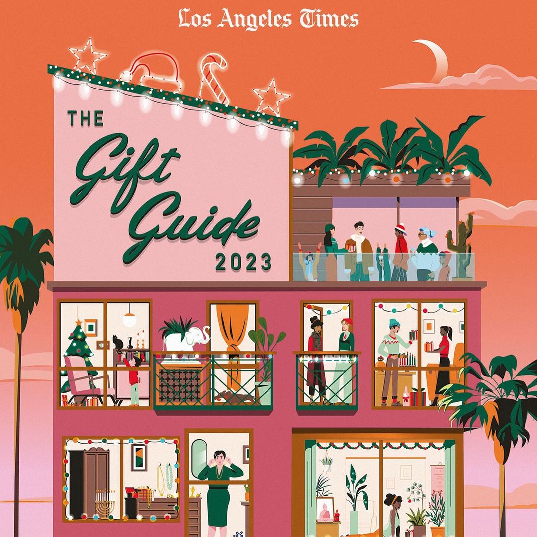 Illustration for 'The Gift Guide 2023' showcasing an apartment building with families celebrating Christmas and Hanukkah with string lights.