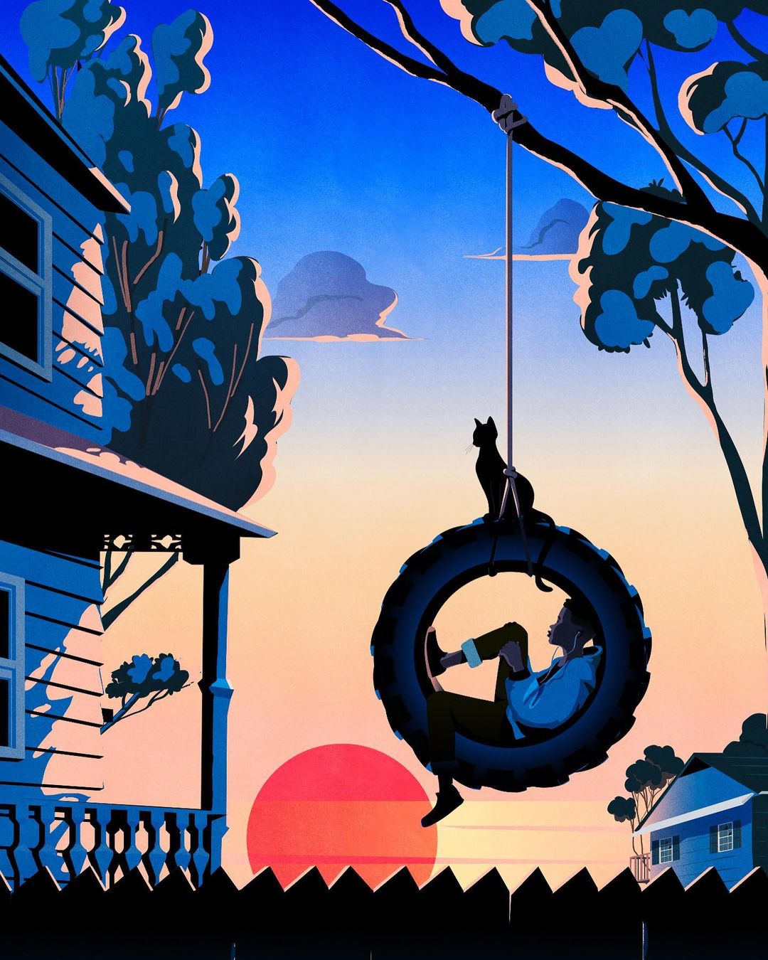 Digital art of child on a tire swing under a tree, with a cat sitting on top of the tire. House and sunset visible in background.