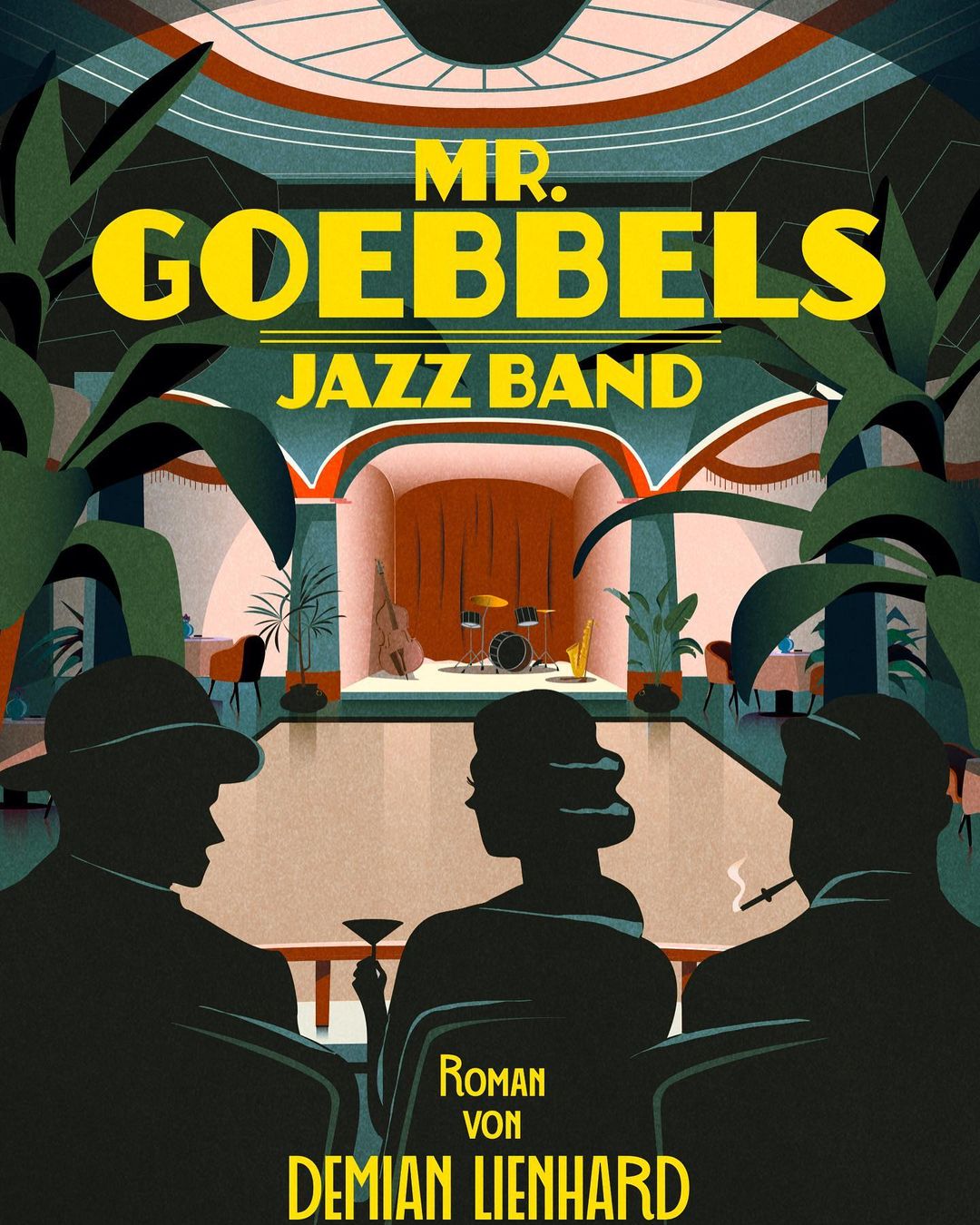 Illustration of three silhouetted people seated at tables in a jazz club, with a jazz band performing on a stage in the background.