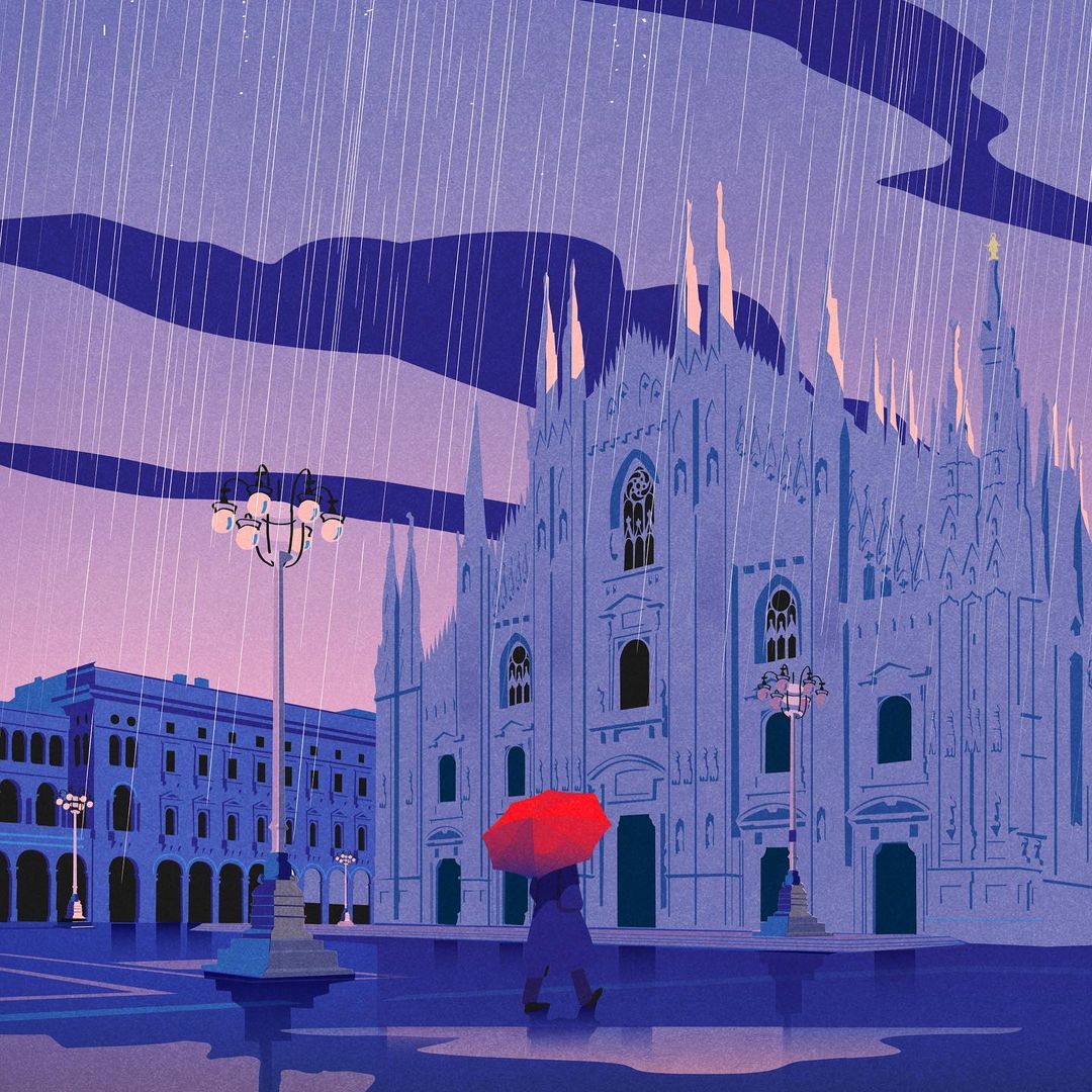Illustration of a person walking with a red umbrella near a cathedral in the rain, featuring city buildings, street lights, and reflections.