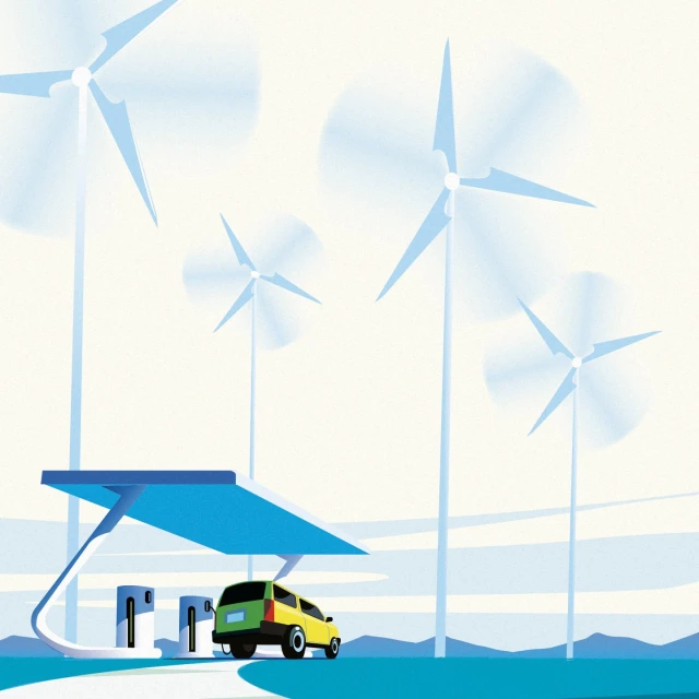 Illustration of a yellow electric car at a charging station, with several wind turbines in the background against a light sky.