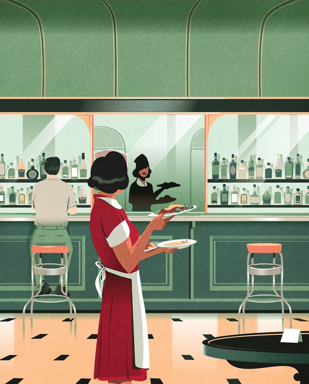 Illustration of a vintage diner interior featuring a waitress carrying plates, customers at the counter, and a bartender.