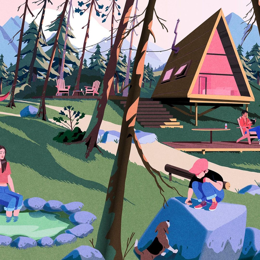 Illustration of a-frame cabin in a forest setting, with people enjoying outdoor activities near a small pond on a sunny day.
