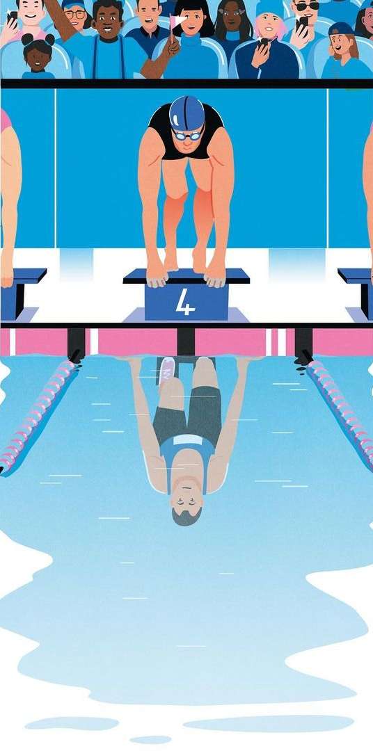 Illustration of a swimmer diving into a pool during a competition, with a crowd of spectators in the background, bright colors, and stylized art.