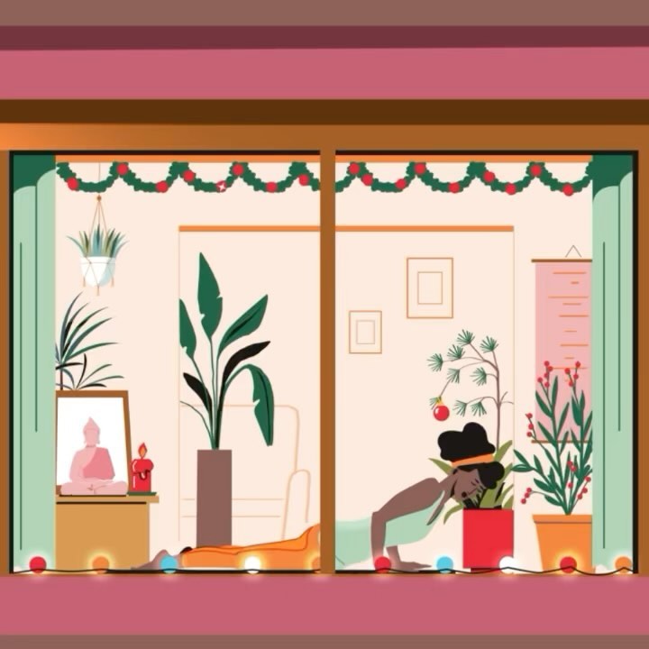 Illustration of a woman in a yoga pose in front of a window decorated with garlands and string lights, with indoor plants and decorations.