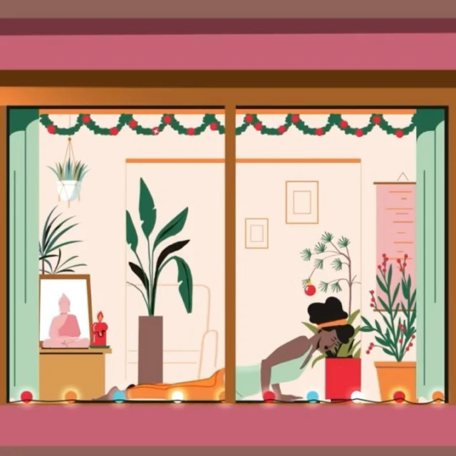 Illustration of a woman in a yoga pose in front of a window decorated with garlands and string lights, with indoor plants and decorations.