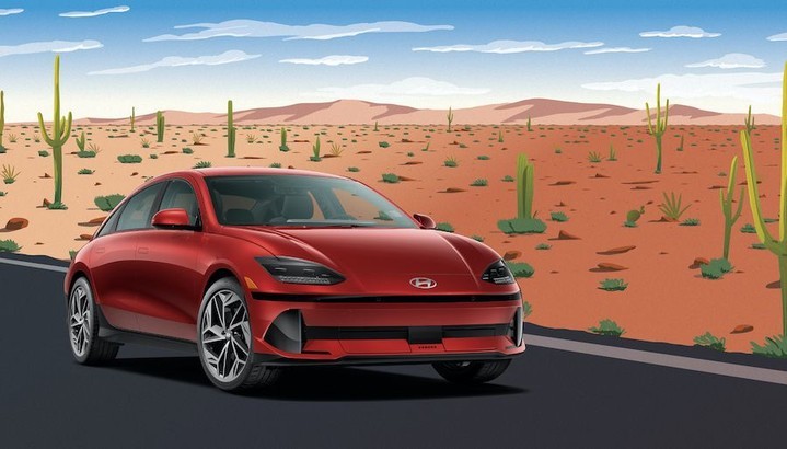 Illustration of a red Hyundai IONIQ 6 electric car driving on an asphalt road through a desert landscape with cacti and mountains.