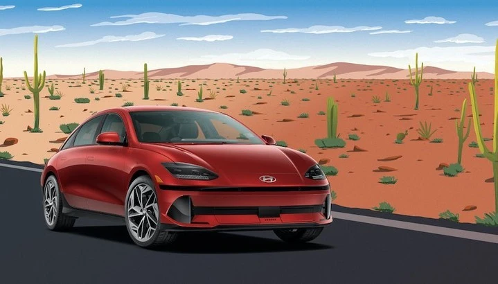 Illustration of a red Hyundai IONIQ 6 electric car driving on an asphalt road through a desert landscape with cacti and mountains.