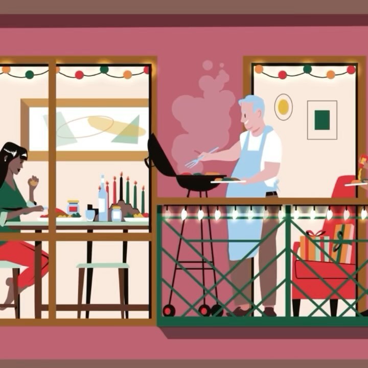 Illustration of an evening holiday barbecue on a balcony, with a woman indoors at a table, festive string lights, and gift-wrapped presents.